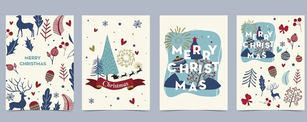Collection of chritsmas background set with deer,firework,tree