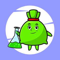 money bag mascot character as scientist with chemical reaction glass cute style design for t-shirt, sticker, logo element