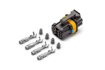 Fototapeta premium Connector for wiring. Spare part of the engine electrical system. Contact electrical connector isolated on white background