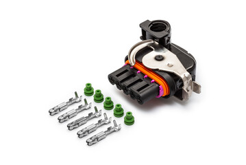 Connector for wiring. Spare part of the engine electrical system. Contact electrical connector...