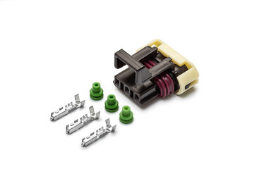 Connector for wiring. Spare part of the engine electrical system. Contact electrical connector isolated on white background