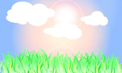 Grass frame and cloudy sky with sun shining, vector illustration