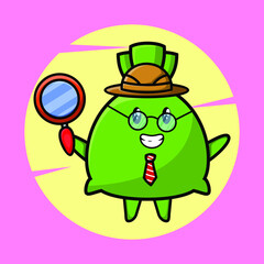 Money bag detective cartoon character is searching with magnifying glass and cute style design for t-shirt, sticker, logo element