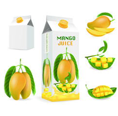 Vector pack of mango juice with slices and diced mango, isolated on white background.illustration vector