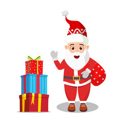 Cute beautiful Santa character wearing Christmas outfit and waving colorful and holding gift boxes and waving isolated