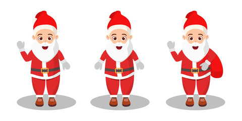 Cute beautiful Christmas Santa character wearing Christmas outfit standing and doing different actions and with gifts