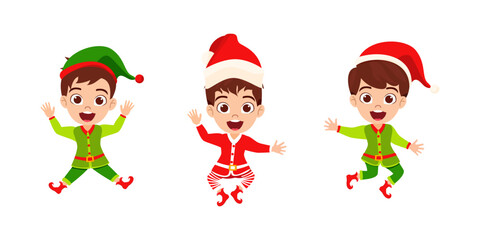 Cute beautiful kid boys character wearing Christmas outfit and waving colorful and jumping on air sky