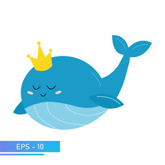 A kind blue whale in delicate blue colors, with a golden crown on his head and a beautiful tail. Proud and sweet. Vector illustration.