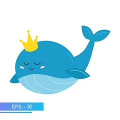 Foto op Plexiglas A kind blue whale in delicate blue colors, with a golden crown on his head and a beautiful tail. Proud and sweet. Vector illustration. © Svjatoslav