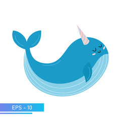 A kind blue whale in delicate blue colors, with a festive cap on his head. Proud and sweet. Vector illustration.