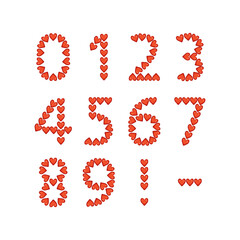 Numbers from red hearts, love symbol. Festive font or decoration for valentine day, wedding, holiday and design