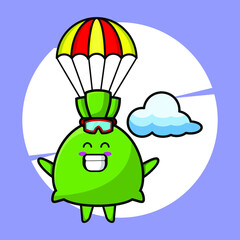 Money bag mascot cartoon is skydiving with parachute and happy gesture cute style design for t-shirt, sticker, logo element
