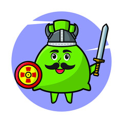 Cartoon money bag mascot  as viking pirates holding sword and shield in cute style for t-shirt, sticker, logo element