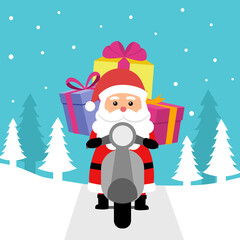 Santa Claus riding motorbike carrying gifts with falling snow and Christmas trees on background in flat design. Merry Christmas concept vector illustration. Xmas holiday celebration.