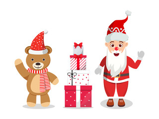 Obraz premium Cute beautiful Santa character and brown bear character wearing Christmas outfit and waving colorful and holding gift boxes and waving isolated