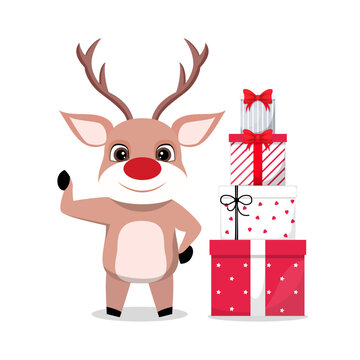 Cute beautiful reindeer character wearing Christmas outfit and waving colorful and holding gift boxes and waving isolated