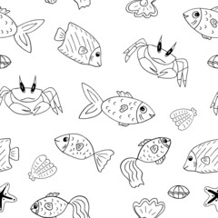 fish, crab, shell, starfish seamless pattern hand drawn doodle. vector, minimalism, scandinavian, monochrome, nordic. marine life, sea, ocean. wallpaper, textile, background, wrapping paper.