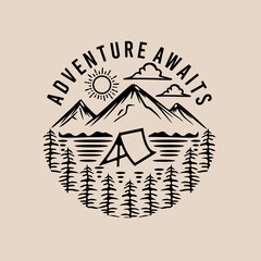t shirt design adventure awaits with mountain scenery vintage illustration
