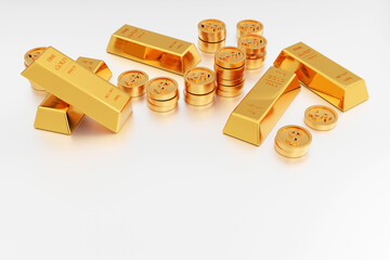 Stack of gold coin and gold bars or gold ingot, banking and financial, 3d render.