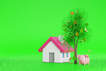 Money tree with coin and leaf, coin falling around model house and piggy bank, bank saving money for buy house concept, 3d render.