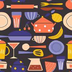 cute vector seamless pattern with  kitchen utensils, dishes, fruits, pots, pans, cups, glasses, mugs. cute trend illustration in flat style