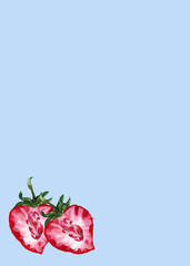 Postcard for the holiday, birthday with watercolor drawing of strawberry berries