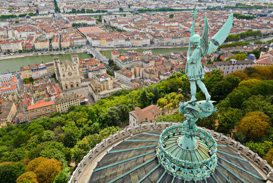 Statue of Saint Michel above Fourviere basilica, Lyon, France
