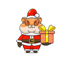 cute hamster wearing santa costume and giving christmas gifts, cartoon animal mascot in christmas costume