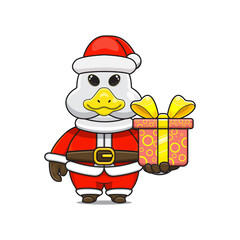 cute goose wearing santa costume and giving christmas gifts, cartoon animal mascot in christmas costume