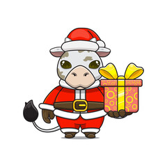 cute cow wearing santa costume and giving christmas gifts, cartoon animal mascot in christmas costume