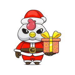 cute chicken wearing santa costume and giving christmas gifts, cartoon animal mascot in christmas costume