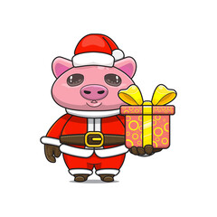 cute pig wearing santa costume and giving christmas gifts, cartoon animal mascot in christmas costume