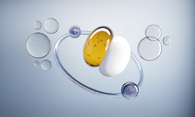 Cream and Essence oil mixed in the circle of cosmetic pipette surrounded by warter bubbles on a white background.-3d rendering.