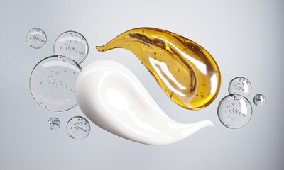 Cream and Essence oil mixed surrounded by warter bubbles on a white background.-3d rendering.