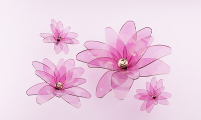 Pink glass flowers with golden stamens on a pink background.concept for perfume and cosmetics design.-3d rendering..