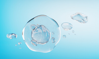 Liquid Bubble surrounded by underwater bubbles..concept for cosmetic design.-3d renderin.
