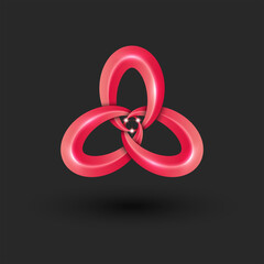 Triquetra shape 3d logo modern design, red gradient triangular knot figure composed of three interlaced circles, three overlapping ovals shapes.