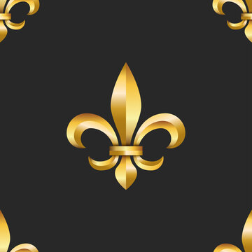 Golden heraldic lily 3d seamless pattern black background for fabric, gold gradient faceted fleur-de-lis symbol, fashion floral backdrop creative design.
