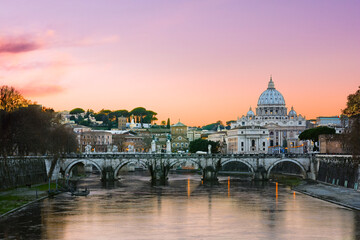 Sunset lights of the basilica St Peter in Rome, Italy