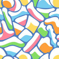 Seamless pattern of multicolored spots, abstract geometric shapes or blots. Colorful hand-drawn shapes in white snow. Bright winter Christmas background. Vector illustration.