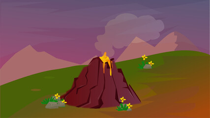 illustration of a mountain exploding releasing a red larva with a meteor that falls very fast and hits the mountain and the earth