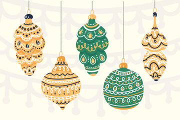 Set of Christmas tree decorations. Hand drawn Xmas holidays fur tree toys, balls and cones. Vector illustration.