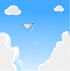 illustration of paper airplane flying high above the white clouds to the sky and hovering