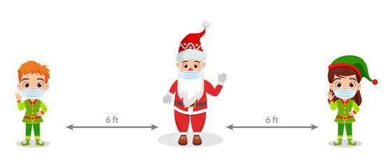 Cute beautiful kid boy and girl character Santa character wearing Christmas outfit and facial mask holding placard board and keeping 6ft social distance isolated