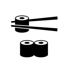 Picking up sushi roll with chopsticks. Monochrome ICON.