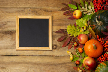 Square wooden picture frame mockup with rosehip and fall leaves