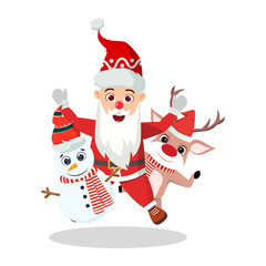 Cute beautiful Christmas Santa character brown bears and snowman character wearing Christmas outfit standing together and waving jumping