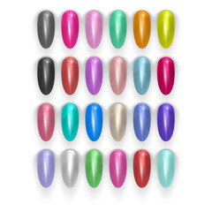 Set of false nails for manicure and Tips. Varnish color palette for nail extension. Artificial nails on white