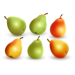 Fresh ripe pears set, Whole organic yellow and green fruit on white background, vector illustration
