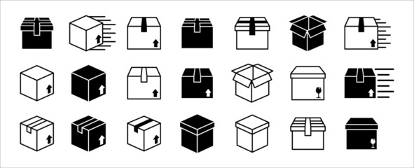 Box line icon set. Carton boxes vector icons set. Empty opened or unboxing illustration. Fast delivery shipping sign. Gift or parcel symbol.